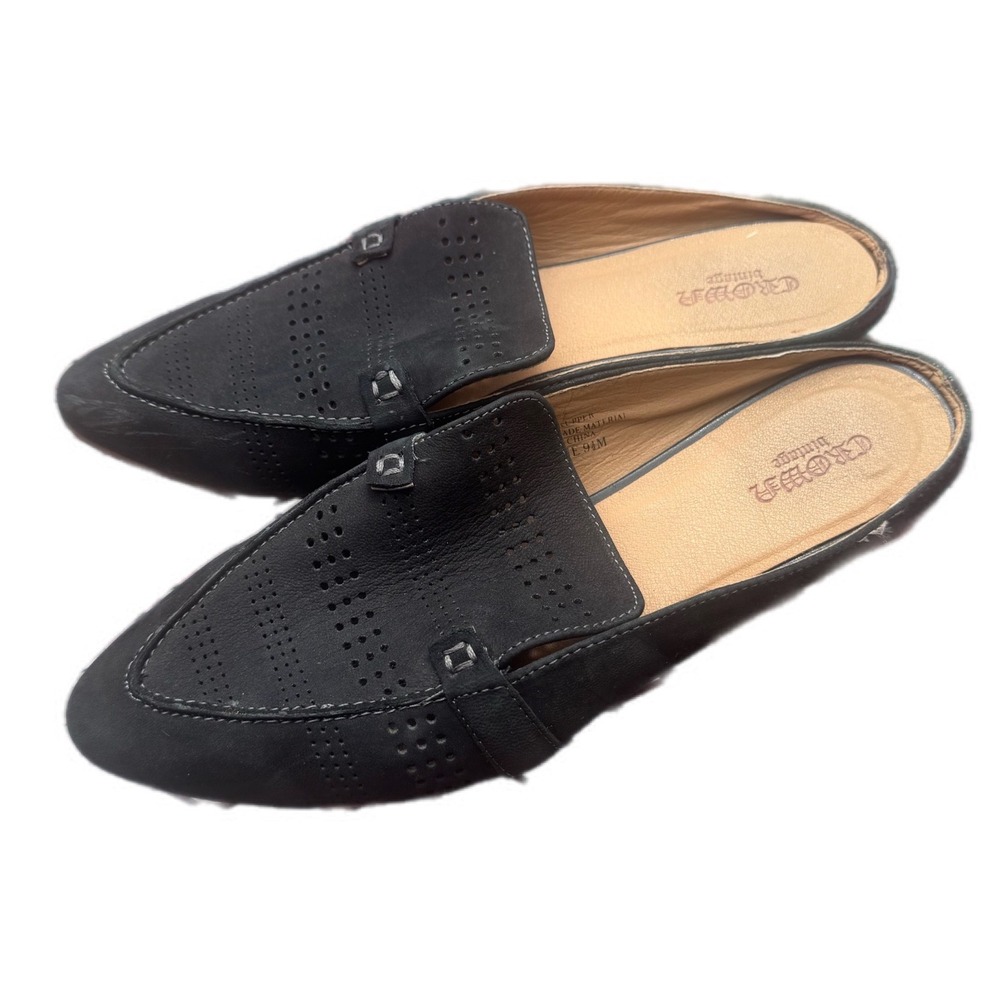 Crown Vintage Katrine Mules Womens 9.5M Black Good Leather Perforated Flat Shoes